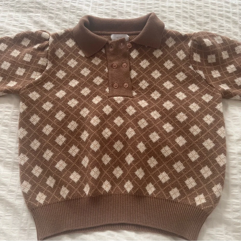 OAK + FORT Brown and Cream Polo Argyle Pattern Knit Sweater - Picture 3 of 7